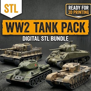 May include: An image showcasing a digital STL bundle of World War 2 tanks. The image features four detailed tank models in various colors, including green, brown, and tan. Text on the image reads "WW2 TANK PACK" and "DIGITAL STL BUNDLE."