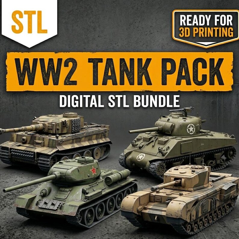 May include: An image showcasing a digital STL bundle of World War 2 tanks. The image features four detailed tank models in various colors, including green, brown, and tan. Text on the image reads "WW2 TANK PACK" and "DIGITAL STL BUNDLE."