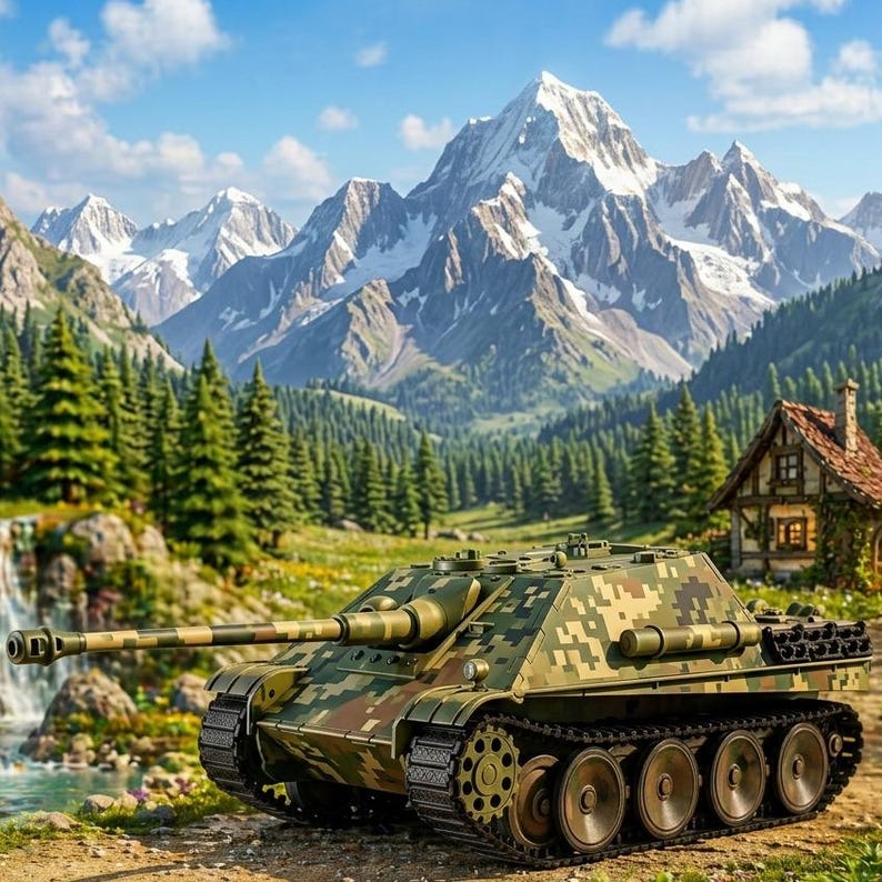 May include: A digital illustration of a military tank with a camouflage pattern, set against a backdrop of mountains, trees, a waterfall, and a small house. The tank is the focal point, showcasing its design and details.