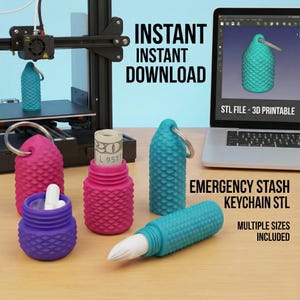 May include: A collection of 3D-printed emergency stash keychains in various colors, including pink, teal, and purple. The keychains are cylindrical with textured surfaces and metal key rings. The image includes the text "INSTANT DOWNLOAD" and "EMERGENCY STASH KEYCHAIN STL".