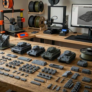May include: A wooden table displays several gray 3D-printed toy tanks and their component parts. Two 3D printers are visible in the background, along with spools of filament and a computer monitor displaying a tank model.