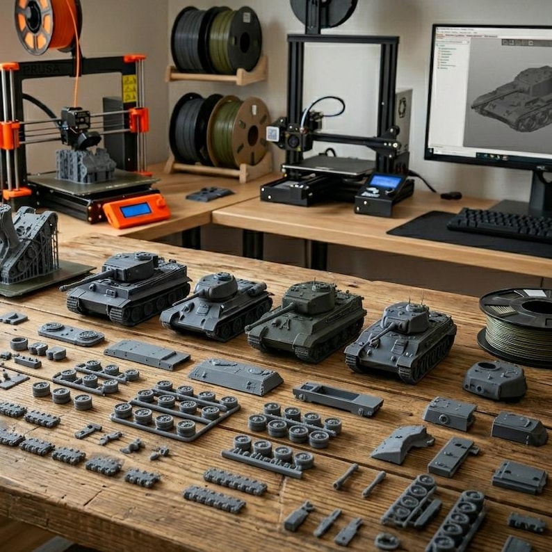 May include: A wooden table displays several gray 3D-printed toy tanks and their component parts. Two 3D printers are visible in the background, along with spools of filament and a computer monitor displaying a tank model.