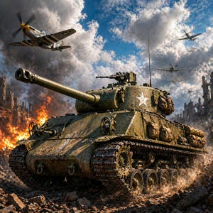 May include: An olive-drab military tank with a white star emblem, set against a backdrop of war-torn buildings and a sky filled with fighter planes. The tank's large cannon is pointed forward, and the scene evokes a sense of conflict and historical warfare.