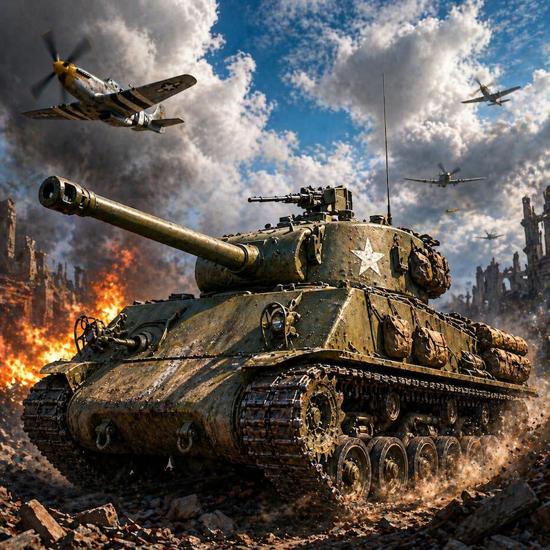 May include: An olive-drab military tank with a white star emblem, set against a backdrop of war-torn buildings and a sky filled with fighter planes. The tank's large cannon is pointed forward, and the scene evokes a sense of conflict and historical warfare.
