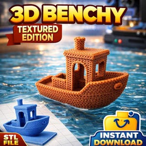 May include: A textured 3D-printed boat, floating in water. The boat is a warm brown color and has a detailed, woven appearance. The image includes the text "3D Benchy Textured Edition" and "Instant Download". A blue boat is also shown.