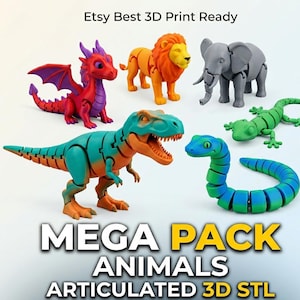 May include: A collection of colorful, articulated 3D-printed animal models, including a dragon, lion, elephant, T-Rex, snake, and lizard. The image includes the text "Etsy Best 3D Print Ready" and "MEGA PACK ANIMALS ARTICULATED 3D STL".