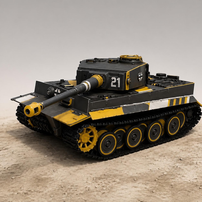 May include: A detailed model tank in black, yellow, and white, with the number 21 on the turret. The tank has a long gun barrel and intricate track details. The model is set on a sandy surface.