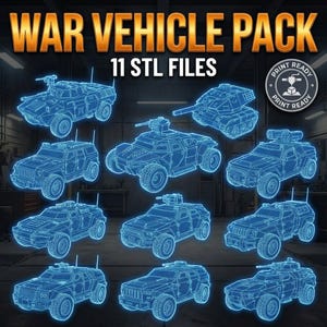 Könnte beinhalten: Eine digitale Illustration eines War Vehicle Packs mit 11 STL-Dateien. Das Bild zeigt verschiedene blau umrissene Militärfahrzeuge, darunter Panzer und gepanzerte Fahrzeuge, vor einem dunklen Hintergrund. Ein druckfertiges Abzeichen ist ebenfalls zu sehen.