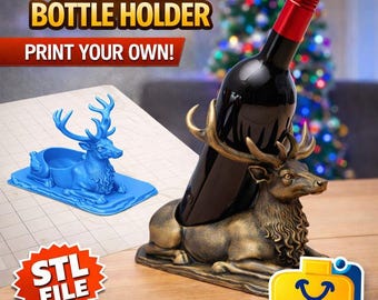 Soporte para botellas de vino con forma de ciervo (archivo STL 3D) / Soporte rústico geométrico para botellas con forma de ciervo (descarga digital)