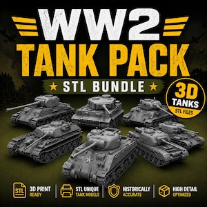 May include: A graphic featuring a collection of gray 3D tank models. The text "WW2 TANK PACK STL BUNDLE" is displayed in white and yellow. Additional text includes "3D TANKS STL FILES", "STL PRINT READY", and "HISTORICALLY ACCURATE".