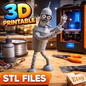 May include: A gray 3D-printed robot figure with articulated limbs, standing on a wooden surface. The image includes the text "3D PRINTABLE" in blue, yellow, and orange, and "STL FILES" in white on an orange banner. A 3D printer is in the background.