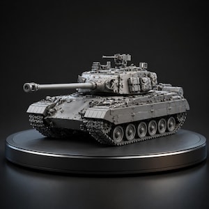 May include: A detailed gray model tank with a long barrel and multiple turrets. The tank sits on a black circular platform against a dark background. The model showcases intricate details of the vehicle's design.