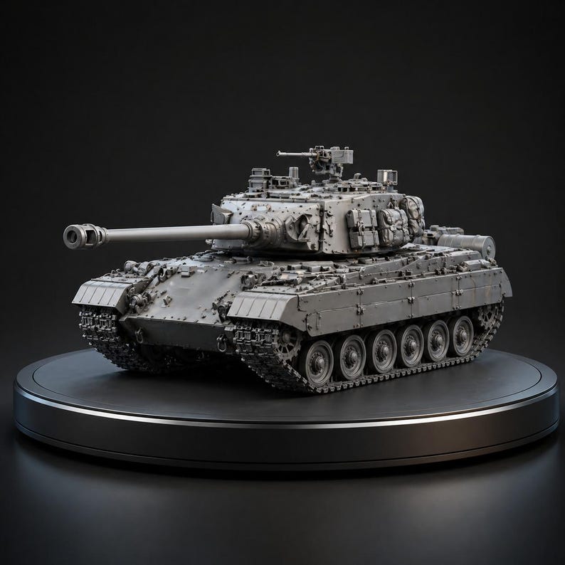 May include: A detailed gray model tank with a long barrel and multiple turrets. The tank sits on a black circular platform against a dark background. The model showcases intricate details of the vehicle's design.