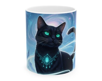 Black Cat Ceramic Mug - Enchanted Feline, Cat Lover Gift, Cozy Hot Drink, Fantasy Kitchen Decor, Whimsical Cat Coffee Cup