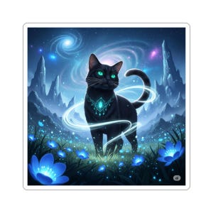 Black Cat Kiss-Cut Stickers, Mystical Cat Art Stickers, Night Sky Cat Decals, Cute Cat Lover Gifts, Fantasy Cat Stickers