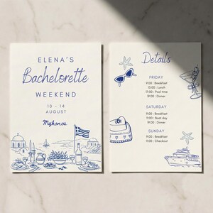 Puede incluir: Invitación de dos páginas con ilustraciones en tinta azul. La página izquierda dice "ELENA'S Bachelorette WEEKEND 10-14 AGOSTO Mykonos". La página derecha enumera los detalles del viernes, sábado y domingo.