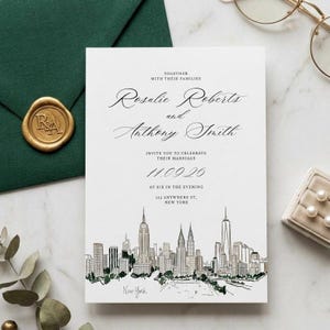 Bröllopsinbjudan till New York | Illustrerad inbjudan till New Yorks skyline (Canva-mall)