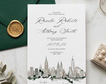 Invitación de boda en Nueva York / Invitación ilustrada con el horizonte de la ciudad de Nueva York (Plantilla de Canva)