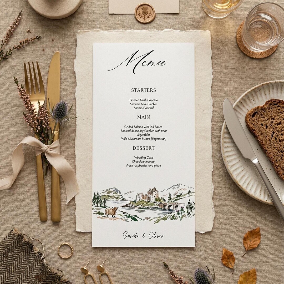 Scottish Menu. Example Scotland Wedding Menu Template | Illustrated Scottish Stationery (canva ...