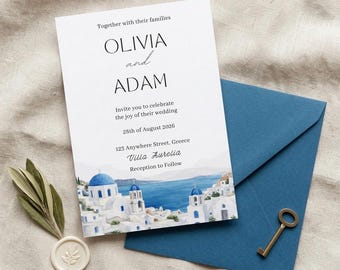 Santorini Wedding Invitation | Watercolor Greek Skyline | Destination Invite (Canva Template)