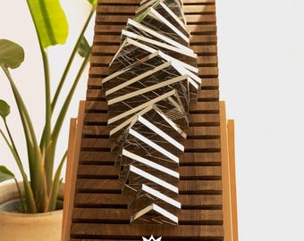 Walnut Wood & Mirror Wall Sculpture: Geometric Modern Art