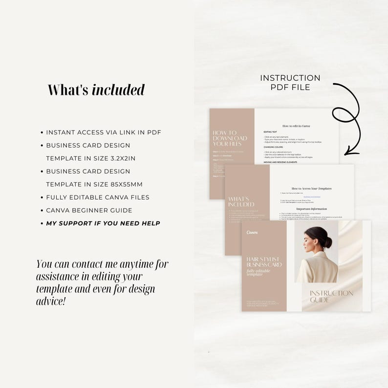 K&ouml;nnte beinhalten: Ein digitales Produktpaket mit Visitenkartenvorlagen und einem Canva-Anf&auml;ngerleitfaden. Das Bild zeigt eine Liste der enthaltenen Artikel, wie z. B. Visitenkartendesigns in 8,1x5,1cm und 3,2x2in Gr&ouml;&szlig;en, sowie Anleitungen.