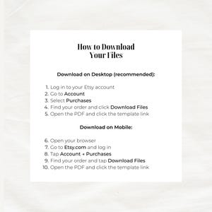 K&ouml;nnte beinhalten: Eine wei&szlig;e Karte mit schwarzem Text, der Anweisungen zum Herunterladen von Dateien von Etsy enth&auml;lt. Der Text ist in Abschnitte f&uuml;r Desktop und Mobilger&auml;te unterteilt, mit nummerierten Schritten f&uuml;r jeden. Der Titel lautet "So laden Sie Ihre Dateien herunter".