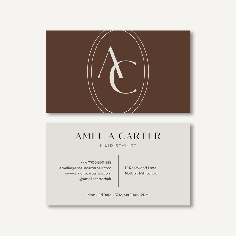 Visitenkartenvorlage für Friseure, bearbeitbare Salon-Visitenkarte für Canva, minimalistisches Beauty-Branding für Friseure Bild 2