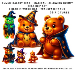 Gummy Galaxy Bear Halloween Magic Galaxy Gummy Bear Clip Art Teddy Bear in Witch Hat Transparent PNG4000*4000Transparent Background 35images