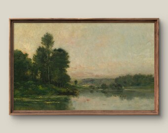 Vintage River Landscape Digital Art Print | Retro Wall Decor | Antique Aesthetic Printable Painting | Green Forest | Instant Download Art