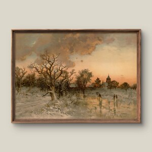 Vintage digitale kunstafdruk winterlandschap | Rustieke wanddecoratie | Antiek esthetisch afdrukbaar schilderij | Zonsondergang | Kunst direct downloaden