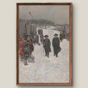 May include: A framed print of a historical painting depicting a snowy scene with soldiers in period attire. The painting features figures in long coats and hats, with a flag waving in the background. The artwork is set in a winter landscape.