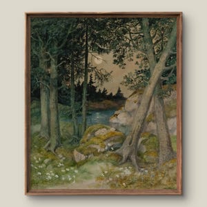 Vintage Forest Landscape Digital Art Print | Rustic Wall Decor | Antique Aesthetic Printable Painting | Moonlight | Instant Download Art