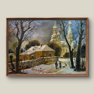 Vintage Winter Landscape Digital Art Print | Rustic Wall Decor | Antique Aesthetic Printable Painting | Village night | Instant Download Art
