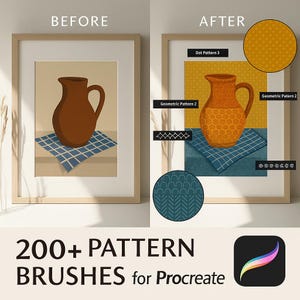 May include: Before and after images of a brown ceramic pitcher on a blue and white checkered cloth. The after image shows the pitcher with a geometric pattern applied to it using 200+ pattern brushes for Procreate.