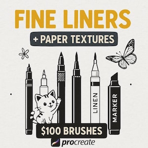 Juego de más de 100 pinceles delineadores finos para Procreate / Juego de pinceles delineadores finos / Micron pen Fineliners, pinceles de punteo, entintado y arte lineal
