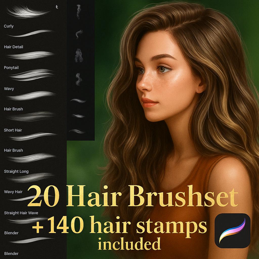 Pinceles de pelo realistas para Procreate – Set de 20 + 140 sellos de bocetos de peinados | Estilos anime y realistas