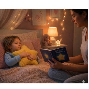 May include: A child in a bed holds a yellow star-shaped plush pillow while a book titled Mon étoile magique is open in the foreground. The scene is illuminated by warm string lights, a bedside lamp, and a small star-shaped light on a nightstand.