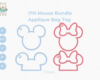 ITH Mouse Applique Bag Tag  Embroidery Design: Head Outline Machine Embroidery Files | Instant Download
