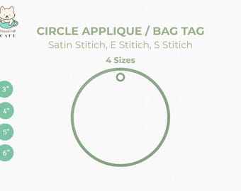 Circle Bag Tag Applique Embroidery Design: 4 Size Satin/E/S Stitch |ITH Machine Files