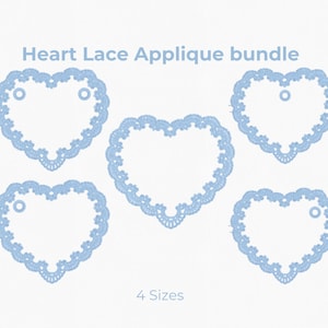 May include: A bundle of light blue heart-shaped lace appliques in various sizes, ranging from 3 to 6 inches. The image includes the text "Heart Lace Applique bundle" and "4 Sizes".