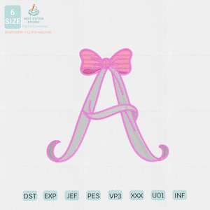 Alphabet Letter A Ribbon Monogram Embroidery - Girly Bow Machine Embroidery File - Digital Download