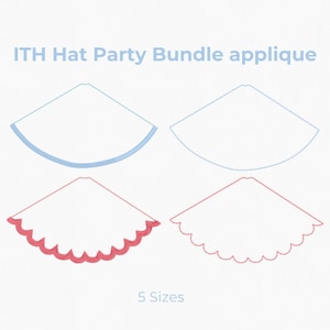 May include: ITH Hat Party Bundle applique digital design featuring four hat shapes in blue and pink outlines. The left side displays five circular icons labeled 3 inch, 3.5 inch, 4 inch, 5 inch, and 6 inch. The text reads ITH Hat Party Bundle applique and 5 Sizes.