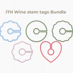 May include: A bundle of wine stem tags in various shapes and colors. The tags include a blue scalloped circle, a green circle, a green scalloped circle, a pink scalloped circle, and a red heart shape. The text "ITH Wine stem tags Bundle" is at the top.