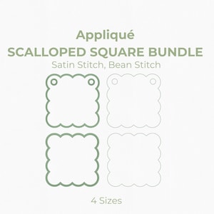 May include: An image featuring a green scalloped square bundle design for appliqué. The text reads "Appliqué SCALLOPED SQUARE BUNDLE" with "Satin Stitch, Bean Stitch" below. Sizes are 3", 4", 5", and 6". The HappyCraft CAFE logo is in the upper left.