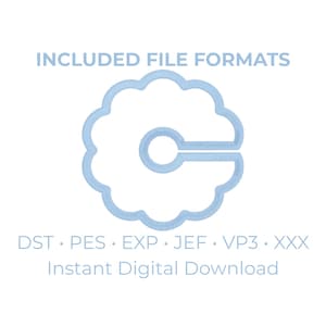K&ouml;nnte beinhalten: Hellblaues Wolken-Design mit kreisf&ouml;rmiger &Ouml;ffnung auf wei&szlig;em Hintergrund. Der Text lautet "INCLUDED FILE FORMATS" und listet Dateierweiterungen auf: DST, PES, EXP, JEF, VP3, XXX. Auch "Instant Digital Download" ist enthalten.