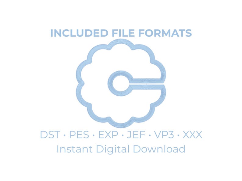 K&ouml;nnte beinhalten: Hellblaues Wolken-Design mit kreisf&ouml;rmiger &Ouml;ffnung auf wei&szlig;em Hintergrund. Der Text lautet "INCLUDED FILE FORMATS" und listet Dateierweiterungen auf: DST, PES, EXP, JEF, VP3, XXX. Auch "Instant Digital Download" ist enthalten.