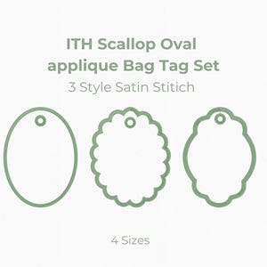 May include: An image of three green bag tag designs: an oval, a scalloped oval, and a decorative shape. The text reads "ITH Scallop Oval applique Bag Tag Set" and "3 Style Satin Stitich". There are four size options: 3", 4", 5", and 6".