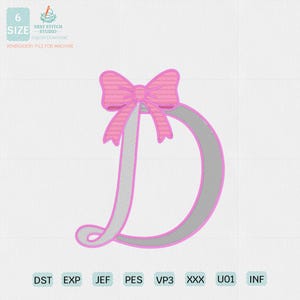 Alphabet Letter D Ribbon Monogram Embroidery - Girly Bow Machine Embroidery File - Digital Download