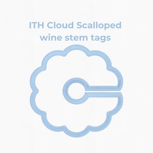 May include: A light blue cloud-shaped wine stem tag with a scalloped edge. The tag has a circular opening and two parallel lines for the stem. The text "ITH Cloud Scalloped wine stem tags" is above the tag.